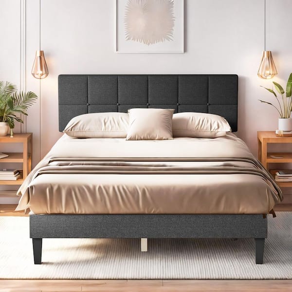 WONDER COMFORT Dark Gray Wood Frame Queen Platform Bed with Linen Upholstered Adjustable Headboard Noise Free