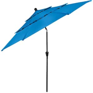 10 ft. Steel Market Patio Umbrella with 3-Tiered Sunshade and Push Button Tilt and Easy-Open Crank in Blue