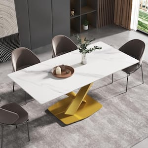 70.87 in. Rectangle White Sintered Stone Tabletop Dining Table with Gold Carbon Steel Base (Seats 8)