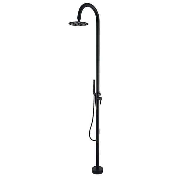 Outdoor Exposed Shower Faucet Single-Handle Freestanding Tub Faucet with Floor Mount Hand Shower in Matte Black