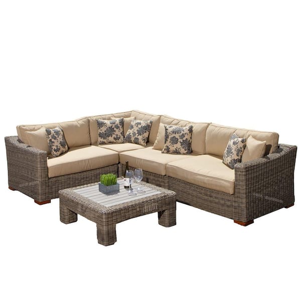 RST Brands Resort Weathered Grey 5-Piece Patio Sectional Seating Set with Heather Beige Cushions
