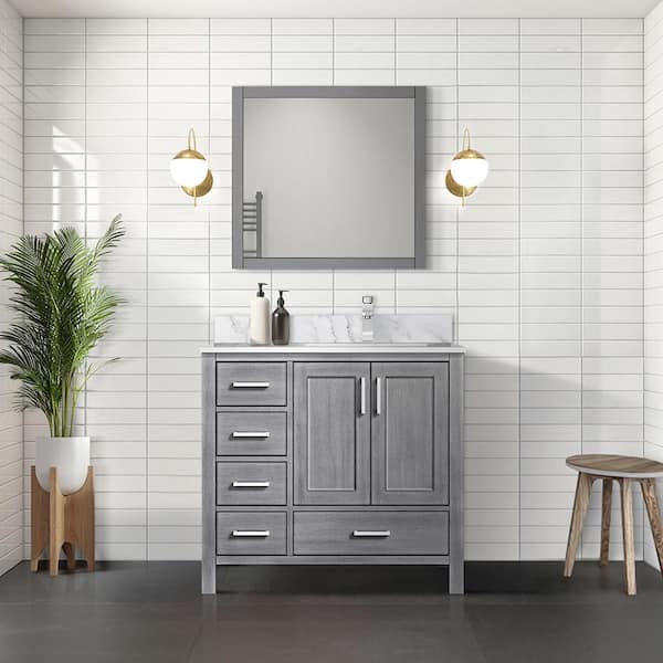 Lexora Jacques 36 in. W x 22 in. D Right Offset Distressed Grey Bath Vanity and Carrara Marble Top