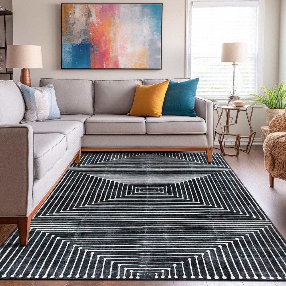 Bohemian Stripes Washable Non Slip Black 8 ft. x 10 ft. Area Rug price history on PriceWatchPro