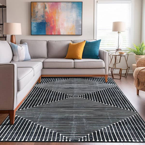 Bohemian Stripes Washable Non Slip Black 8 ft. x 10 ft. Area Rug