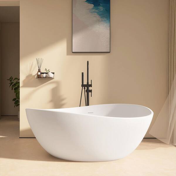 63 in. x 27.8 in. Freestanding Soaking Bathtub Acrylic Egg-Shaped Tub in Matte White w/ Overflow and Center Chrome Drain