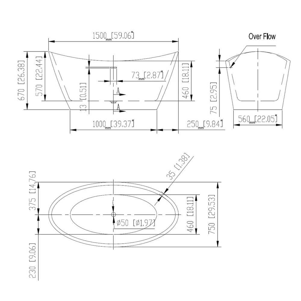 Empava 59'' White Acrylic Freestanding Oval Soaking Tub