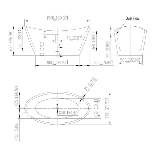 59 in. Free Standing Bathtub Streamline Stand Alone Flatbottom Acrylic Deep Soaking SPA Tubs for Adults in White