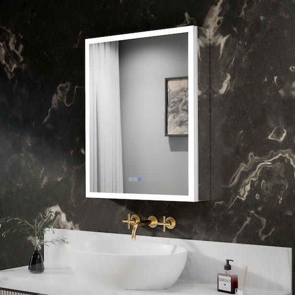 24 in. W x 30 in. H Rectangular Silver Aluminum Recessed/Surface Mount Right Hinge Dimmable Medicine Cabinet with Mirror