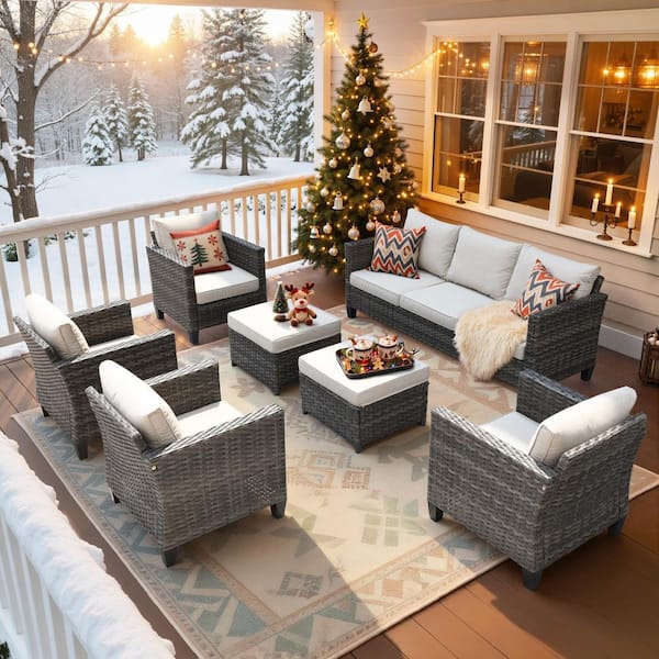 New Vultros Gray 7-Piece Wicker Outdoor Patio Conversation Seating Set with Beige Cushions