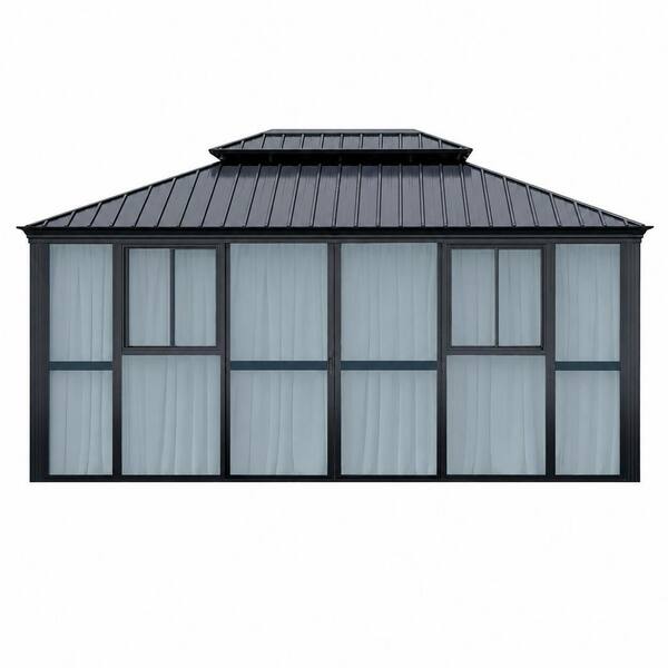 12 ft. x 16 ft. Grey Sunroom Solarium Gray PC Screen with Curtains Outdoor Hardtop Gazebo with 4-Side Sliding Doors