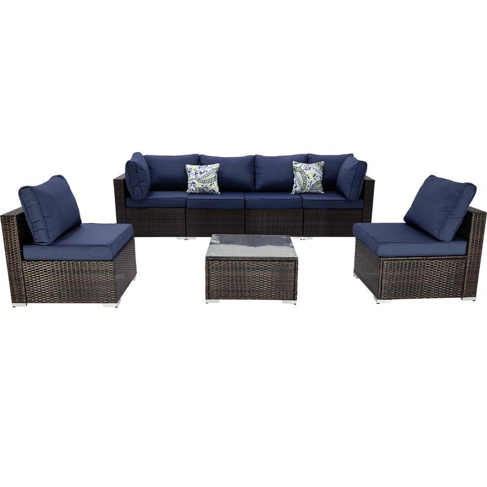 7-Piece Brown Wicker Outdoor Sectional Set, Patio Rattan Sofa Set with Dark