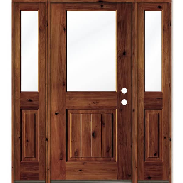 Krosswood Doors 60 in. x 80 in. Rustic Alder Wood Clear Half-Lite Red Chestnut Stain w.VG Left Hand Single Prehung Front Door/Sidelites