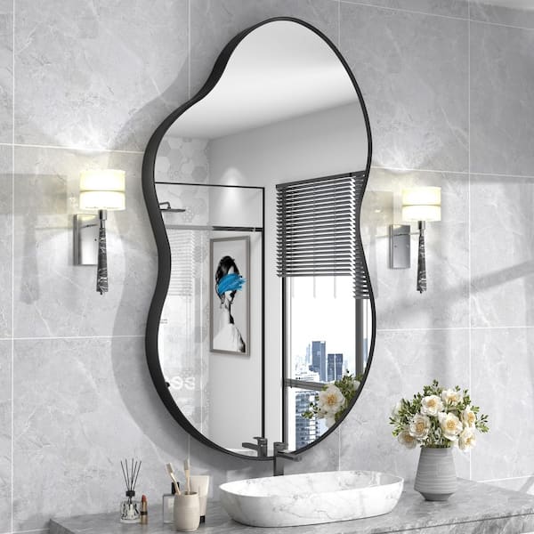 49 in. W x 27 in. H Irregular Aluminum Alloy Framed and Tempered Glass Wall Decor Bathroom Vanity Mirror in Matte Black