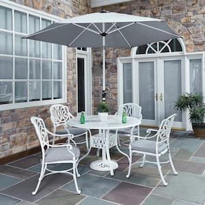 Capri White 48 in. 7-Piece Cast Aluminum Round Outdoor Dining Set with Gray Cushions and Umbrella
