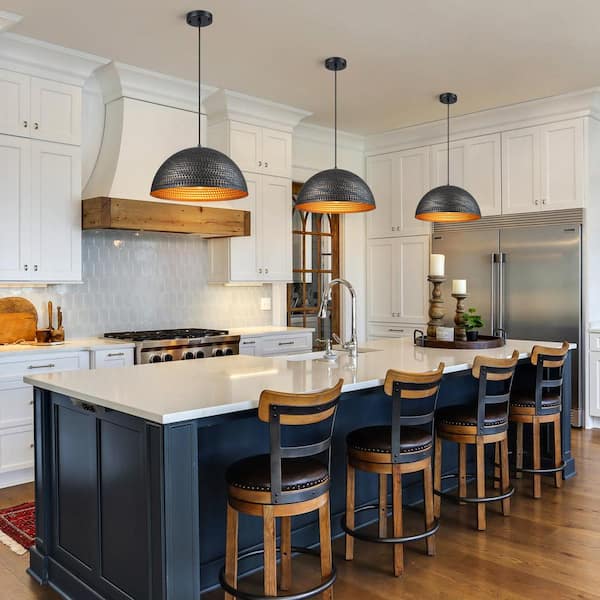 15.75 in. 1-Light Hammered Black and Gold Farmhouse Dome Kitchen Island Pendant Light with Metal shade