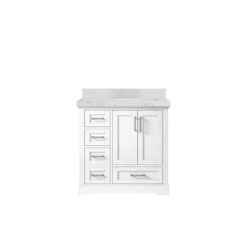 "Boston 36 in. W x 22 in. D x 36 in. H Right Offset Sink Bath Vanity in White with 2"" Calacatta Nuvo Top" price history on PriceWatchPro