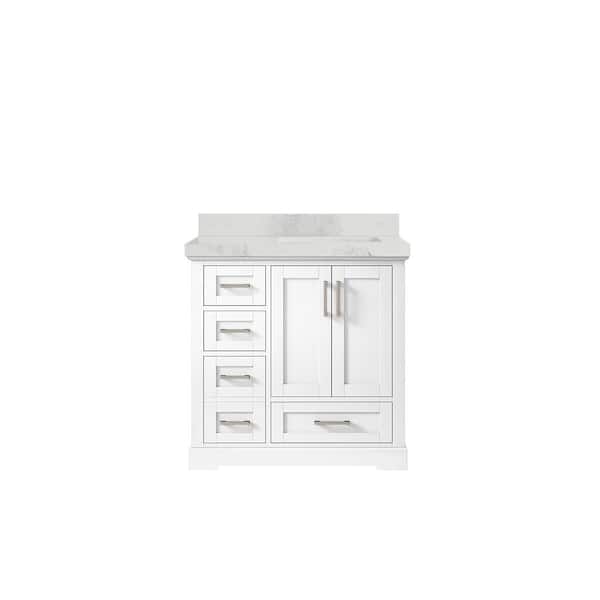 Willow Collections Boston 36 in. W x 22 in. D x 36 in. H Right Offset Sink Bath Vanity in White with 2" Calacatta Nuvo Top
