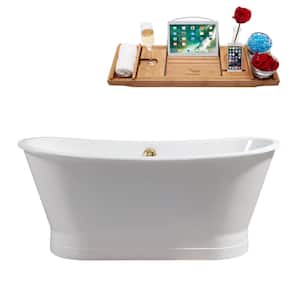 66.9 in. Cast Iron Flatbottom Non-Whirlpool Bathtub in Glossy White with Polished Gold External Drain and Tray