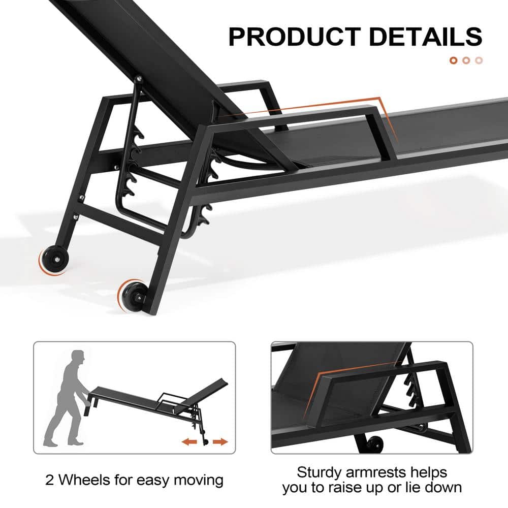 Black Adjustable Aluminum Outdoor Lounge Chair with Wheels