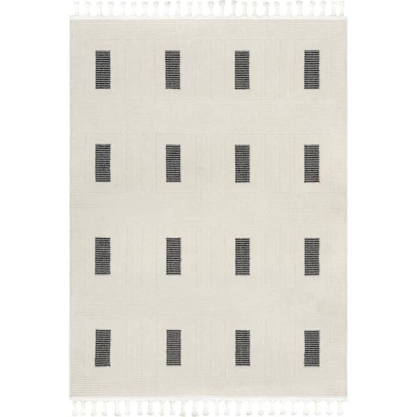 Paccia High-Low Modern Striped Tasseled Grey 5 ft. 3 in. x 7 ft. 6 in. Area Rug