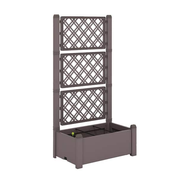 ANGELES HOME 30.5 in. x 18 in. 59 in. Plastic Planter Box Self-Watering Raised Garden Bed Trellis with Water Level Indicator-Coffee