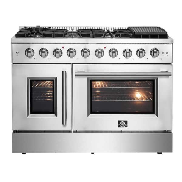 Forno Galiano 48" Freestanding French Door Double Oven 8 Burners in Stainless Steel
