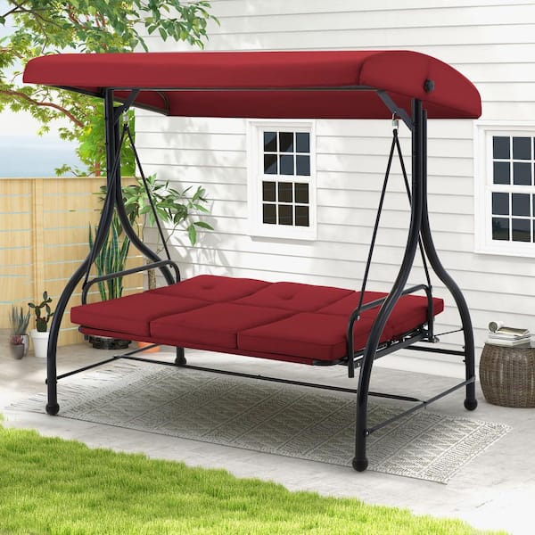 3-Person Black Metal Outdoor Patio Swing Chair with Adjustable Canopy and Red Cushion