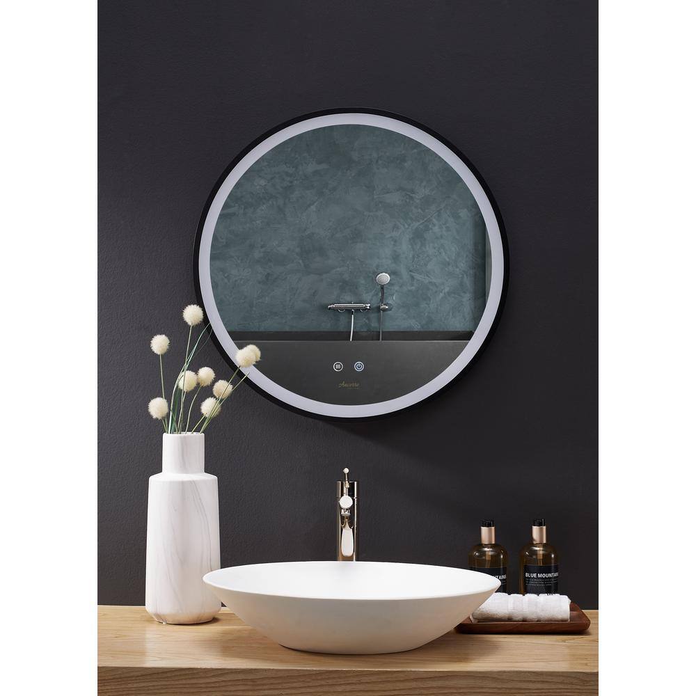 30-Inch Round Black Aluminum Bathroom Vanity Mirror with LED Light