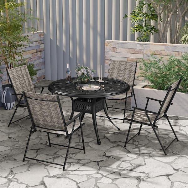 Set of 4 Patio Metal Folding Chairs with Armrests and Portable Lawn Chairs for Garden Backyard-Gray