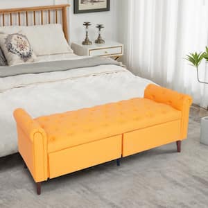 64 in Wide Orange PU Leather Upholstered Rectangle Ottoman with Storage