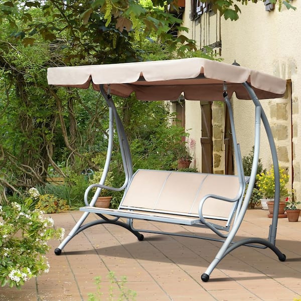 Sudzendf Beige 3-Seat Outdoor Metal Patio Swing with Adjustable Canopy, Breathable Seat