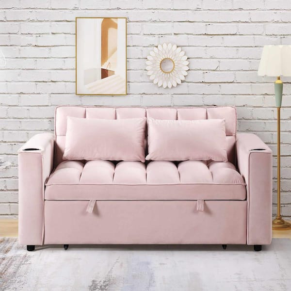 55.3 in. Square Arm Velvet Rectangle Sofa with Cup Holder and USB Port in Pink
