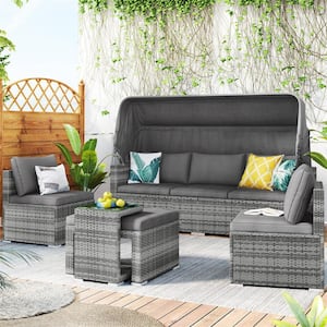 5-Pieces Patio PE Rattan Wicker Outdoor Sectional Set, Day Bed with Canopy and Tempered Glass Side Table, Gray Cushions