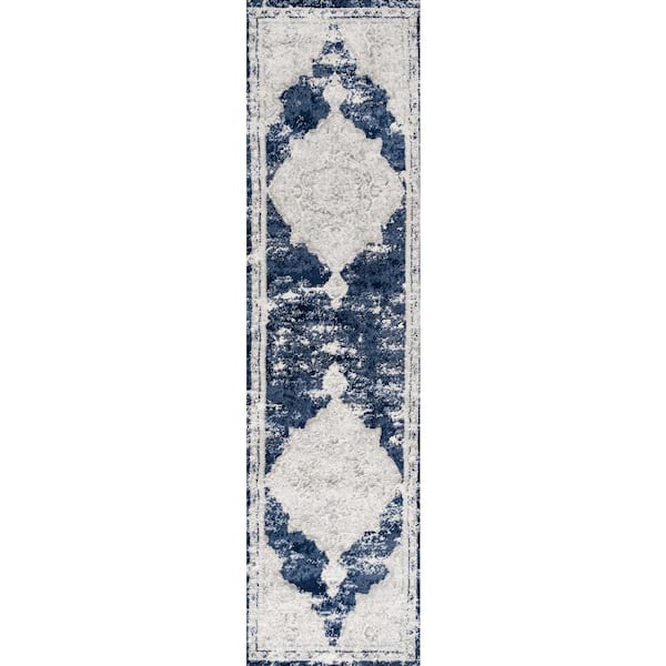 Alhambra Ornate Ivory/Navy 2 ft. x 8 ft. Medallion Modern Runner Rug