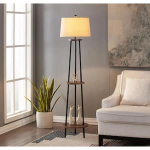 New York 65 in. Wood Grain and Black Metal Floor Lamp with Table Shelves