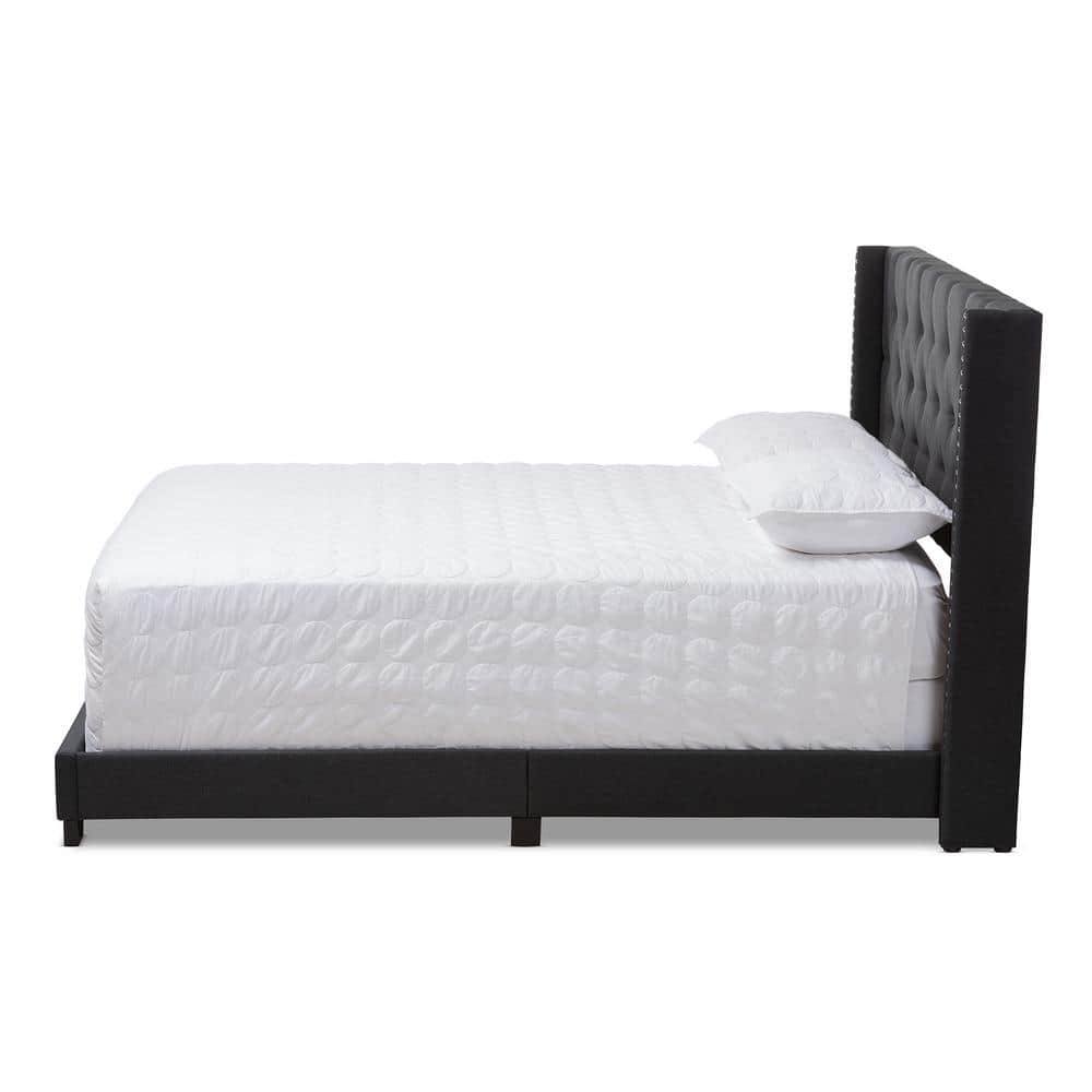 Charcoal Gray Upholstered Queen Bed with Tufted Headboard and Nailhead Trim
