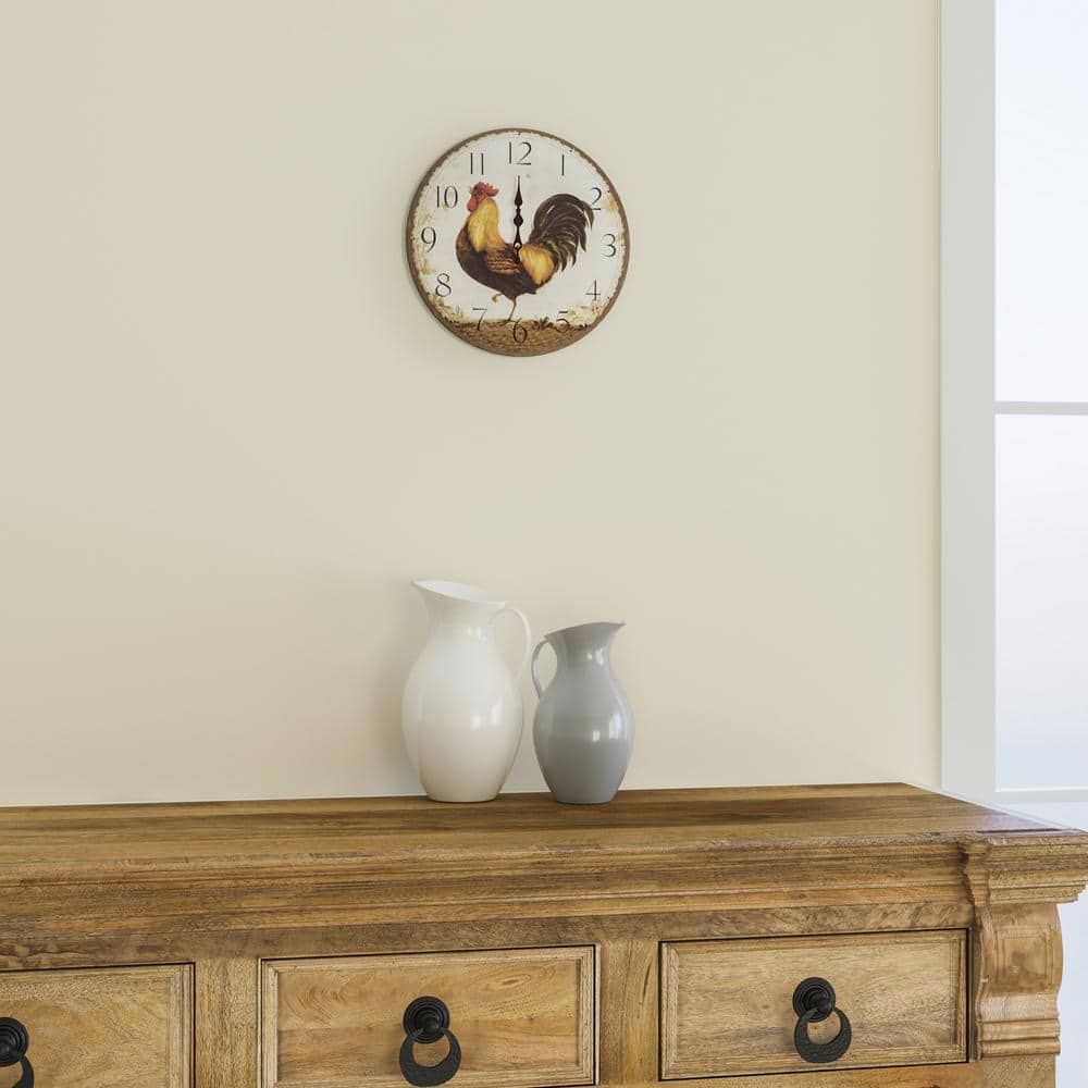 Circular Beige and Brown MDF Wall Clock with Rooster Print