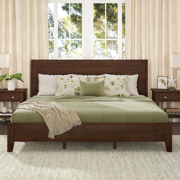 Lessio Dark Brown Mid-Century 13.7 in. Solid Wood Frame King Platform Bed with Wooden Slats, Headboard, Easy Assembly