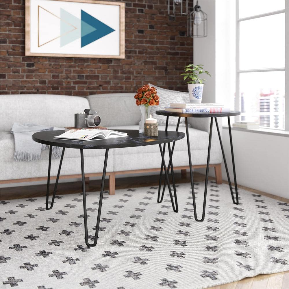 Retro Glam Black Faux Marble & Metal Hairpin Nesting Tables