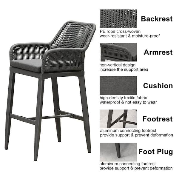 Modern Aluminum Rattan Bar Height Outdoor Bar Stool with Back and Grey Cushion (4-Pack)