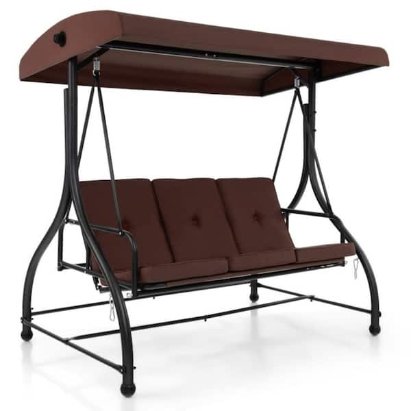 3-Person Outdoor Metal Porch Swing with Adjustable Canopy and Coffee Cushions