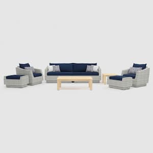 Cannes/Kooper 8-Piece Wood Wicker Patio Conversation Set with Sunbrella Navy Blue Cushions