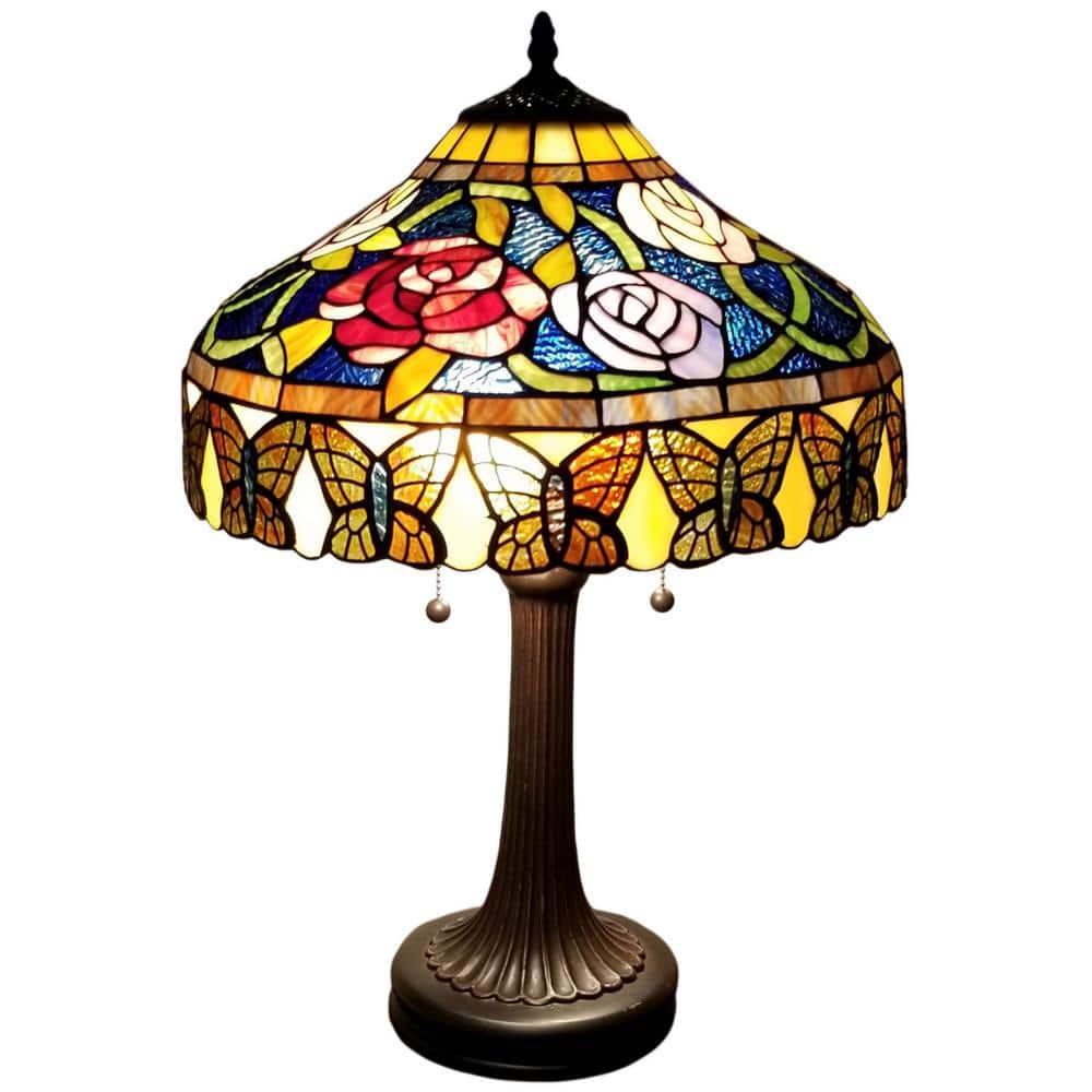23" Bronze Stained Glass Floral Butterfly Table Lamp