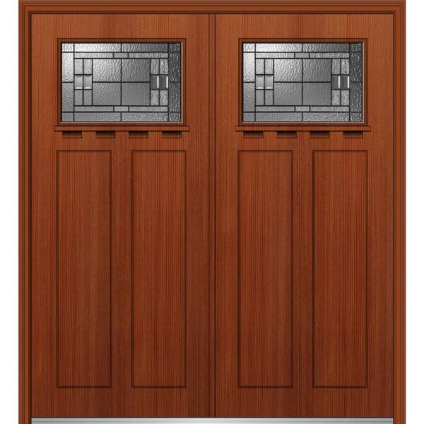 MMI Door 64 in. x 80 in. Roman Left-Hand Inswing 1/4-Lite Decorative 2-Panel Stained Fiberglass Fir Prehung Front Door with Shelf