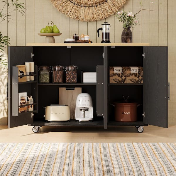 grossag Black Wood 51.2 in. Geometric Twill Stripe Textured Design Kitchen Island with Extendable Dining Table and 3-Doors