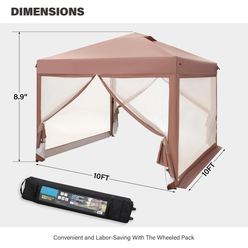 10' x 10' Brown Pop-Up Canopy Tent with Netting and Carry Bag