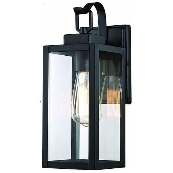 13.75 in. Modern Matte Black Hardwired Outdoor Wall Light Lantern Sconce with Clear Glass Shade (No Buld Included)
