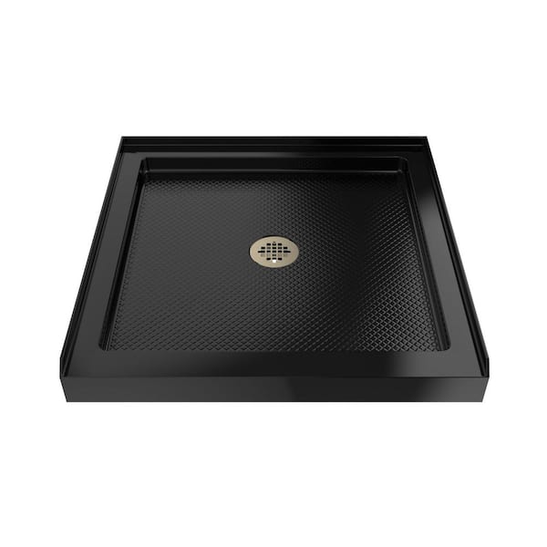 SlimLine 36 in. L x 36 in. W Alcove Square Black Shower Pan Base with 2 in. Round Center Drain in Brushed Brass Drain