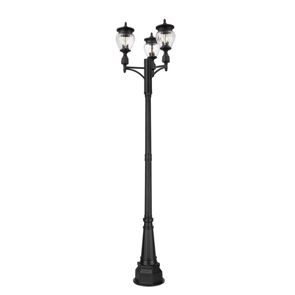 Textured Matte Black 3-Light Outdoor Post Lamp with Glass Shades