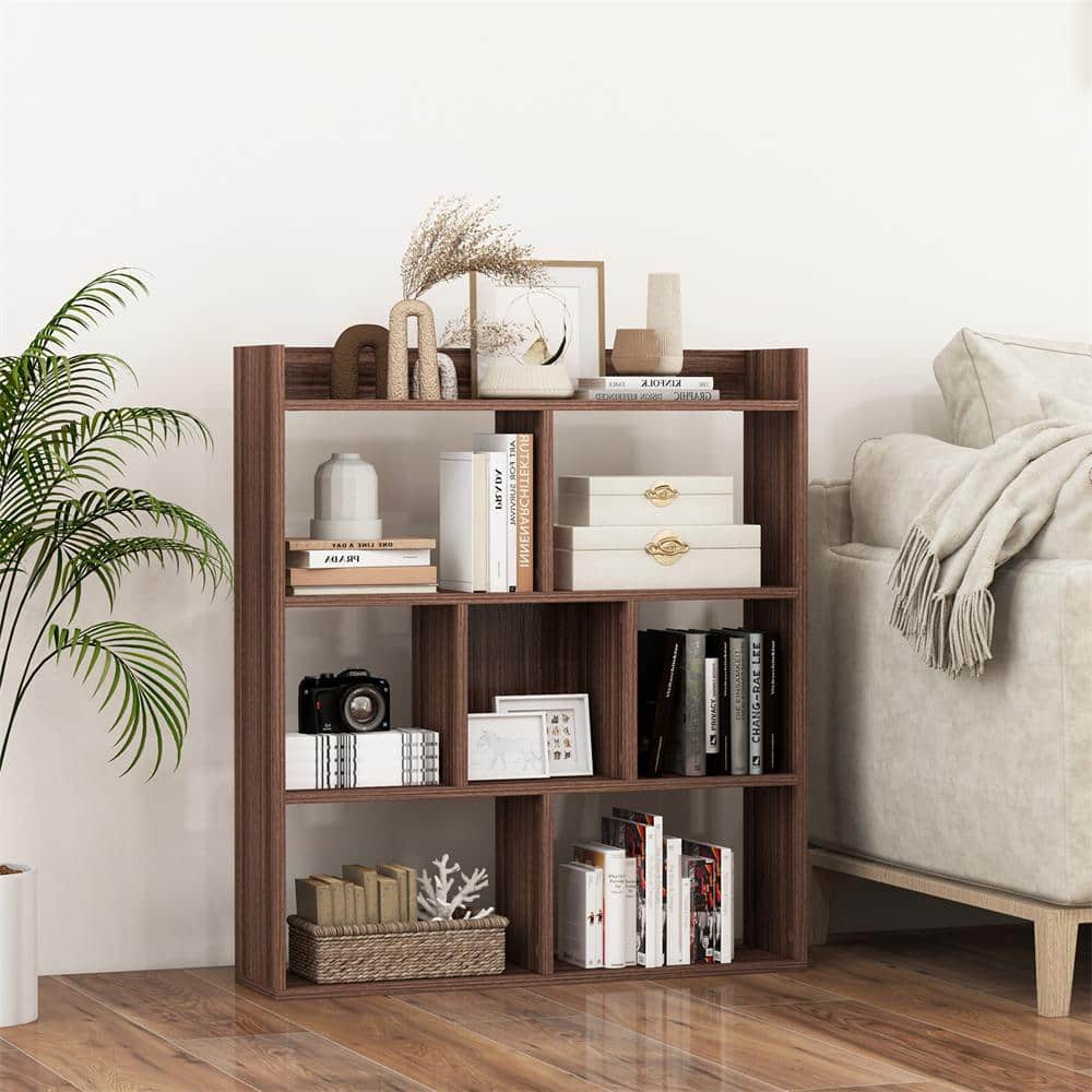 HONEY JOY 35.5 in. Tall Walnut Wood 7-Shelf Open-back Free
